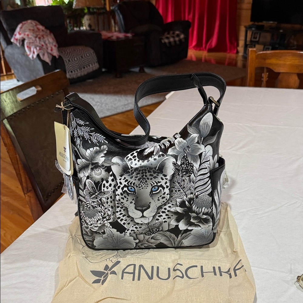 Anuschka Black Leather Hand-Painted Leopard Shoulder Bag with Blue Accents